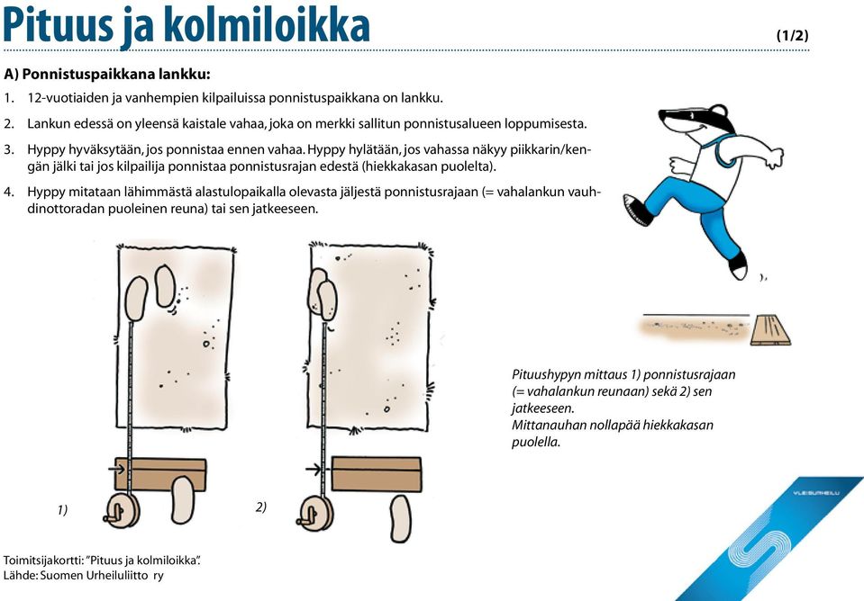 Hyppy hylätään, jos vahassa näkyy piikkarin/kengän jälki tai jos kilpailija ponnistaa ponnistusrajan edestä (hiekkakasan puolelta). 4.