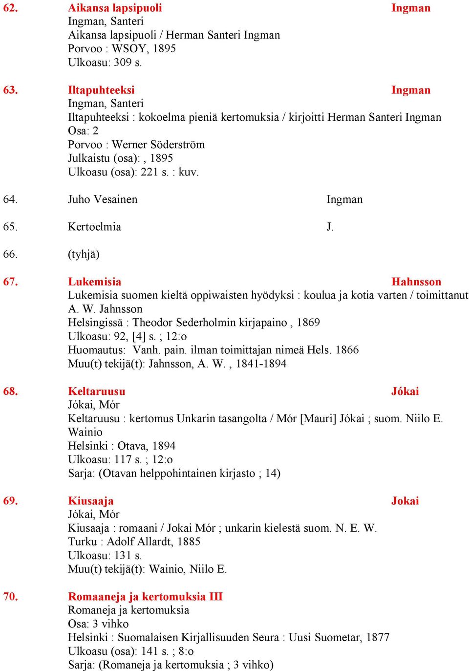 64. Juho Vesainen Ingman 65. Kertoelmia J. 66. (tyhjä) 67. Lukemisia Hahnsson Lukemisia suomen kieltä oppiwaisten hyödyksi : koulua ja kotia varten / toimittanut A. W.