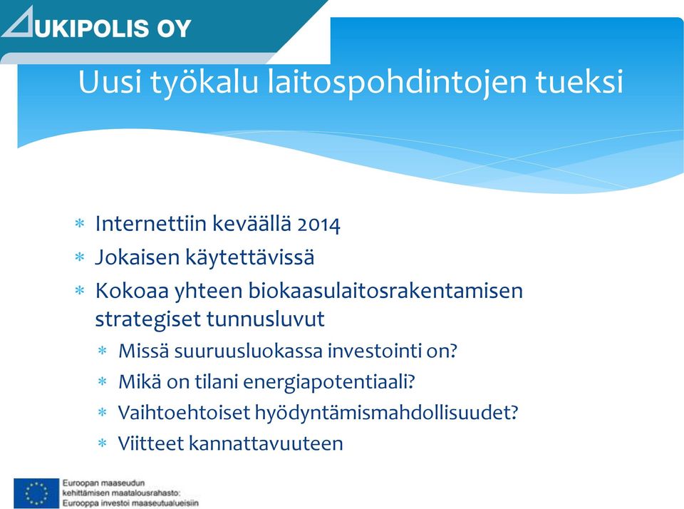 strategiset tunnusluvut Missä suuruusluokassa investointi on?