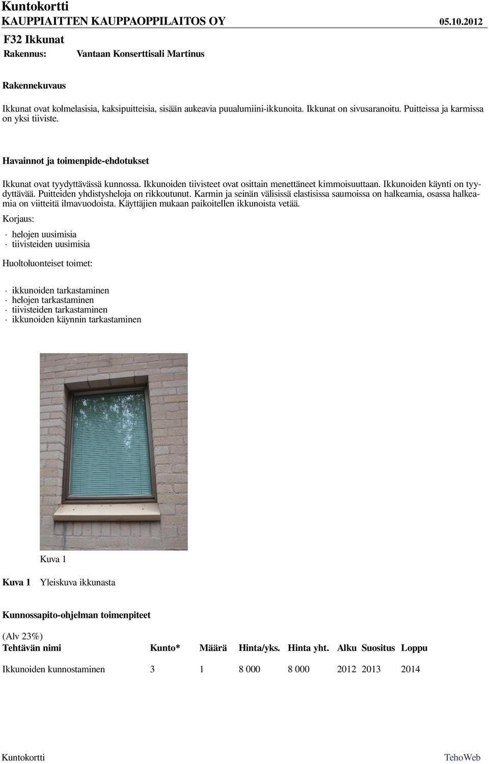 Puitteiden yhdistysheloja on rikkoutunut. Karmin ja seinän välisissä elastisissa saumoissa on halkeamia, osassa halkeamia on viitteitä ilmavuodoista. Käyttäjien mukaan paikoitellen ikkunoista vetää.