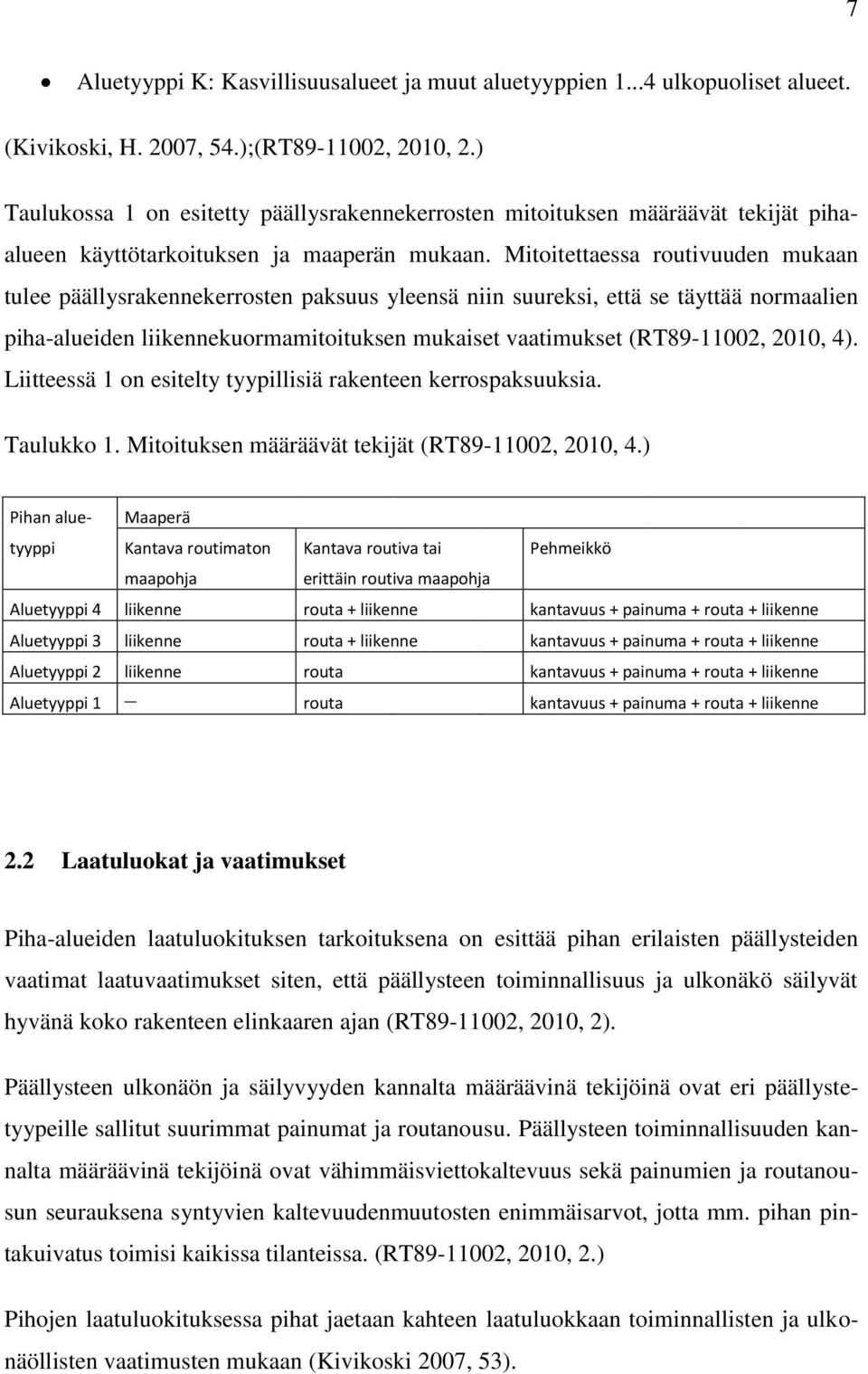 Mitoitettaessa routivuuden mukaan tulee päällysrakennekerrosten paksuus yleensä niin suureksi, että se täyttää normaalien piha-alueiden liikennekuormamitoituksen mukaiset vaatimukset (RT89-11002,