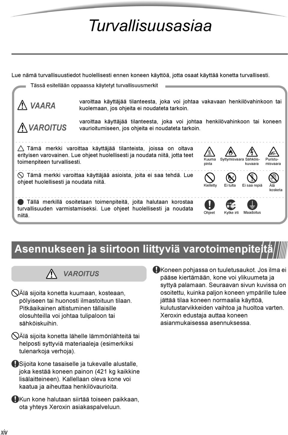 varoittaa käyttäjää tilanteesta, joka voi johtaa henkilövahinkoon tai koneen vaurioitumiseen, jos ohjeita ei noudateta tarkoin.