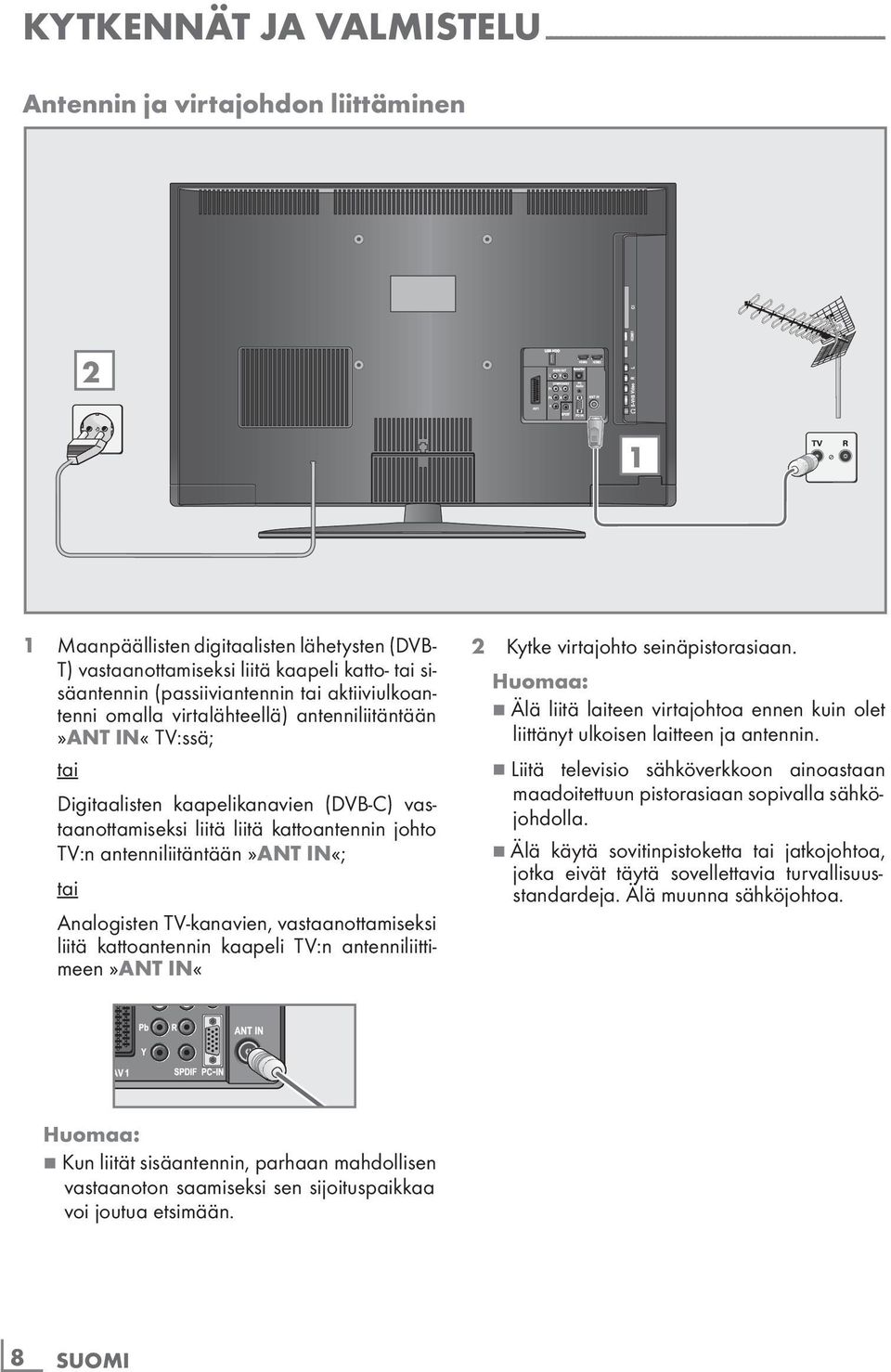 vastaanottamiseksi liitä liitä kattoantennin johto TV:n antenniliitäntään»ant IN«; tai Analogisten TV-kanavien, vastaanottamiseksi liitä kattoantennin kaapeli TV:n antenniliittimeen»ant IN«2 Kytke