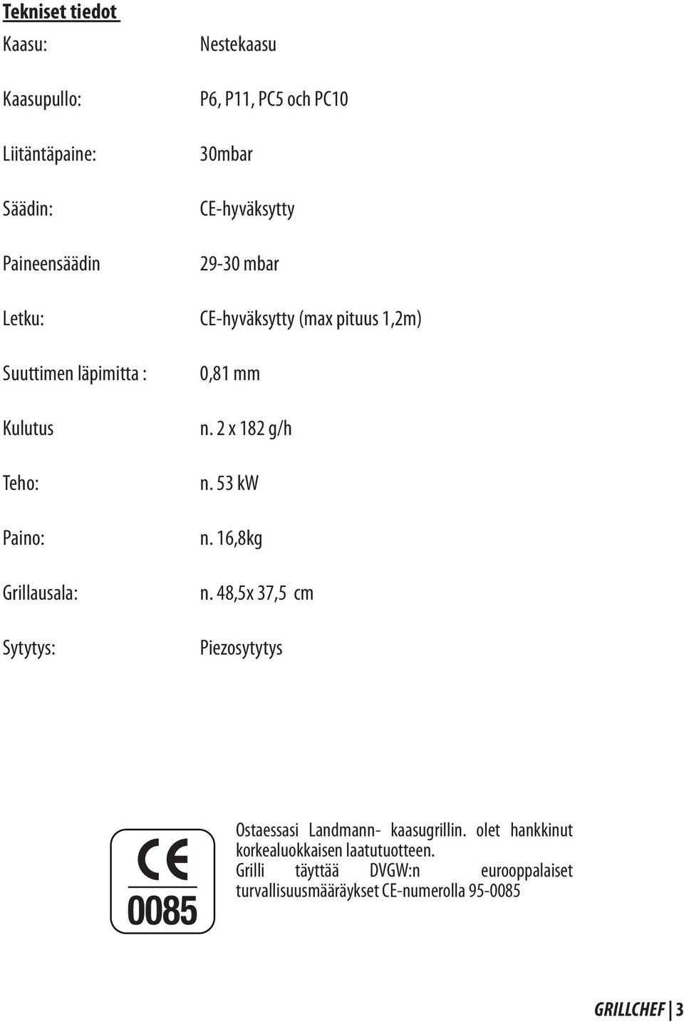 0,81 mm n. 2 x 182 g/h n. 53 kw n. 16,8kg n. 48,5x 37,5 cm Piezosytytys Ostaessasi Landmann- kaasugrillin.