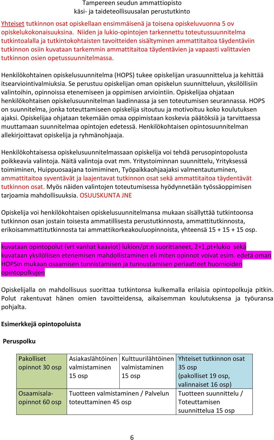 täydentävien ja vapaasti valittavien tutkinnon osien opetussuunnitelmassa. Henkilökohtainen opiskelusuunnitelma (HOPS) tukee opiskelijan urasuunnittelua ja kehittää itsearviointivalmiuksia.