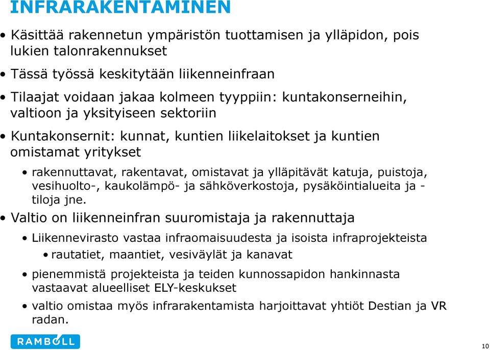 puistoja, vesihuolto-, kaukolämpö- ja sähköverkostoja, pysäköintialueita ja - tiloja jne.