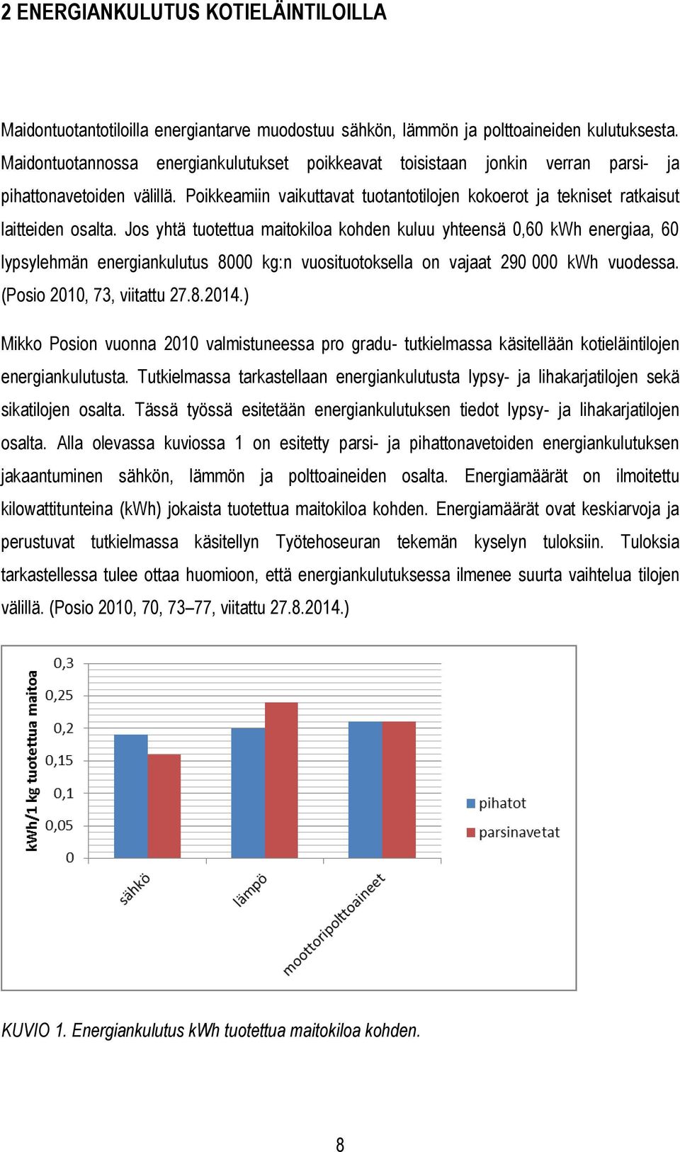 Jos yhtä tuotettua maitokiloa kohden kuluu yhteensä 0,60 kwh energiaa, 60 lypsylehmän energiankulutus 8000 kg:n vuosituotoksella on vajaat 290 000 kwh vuodessa. (Posio 2010, 73, viitattu 27.8.2014.