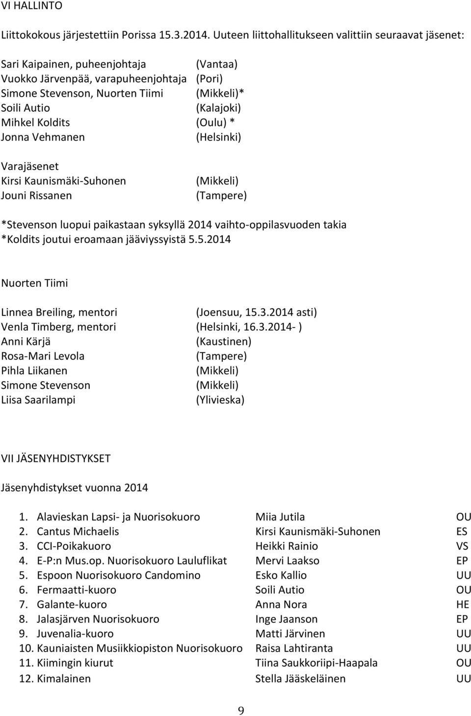 (Kalajoki) Mihkel Koldits (Oulu) * Jonna Vehmanen (Helsinki) Varajäsenet Kirsi Kaunismäki-Suhonen Jouni Rissanen (Mikkeli) (Tampere) *Stevenson luopui paikastaan syksyllä 2014 vaihto-oppilasvuoden