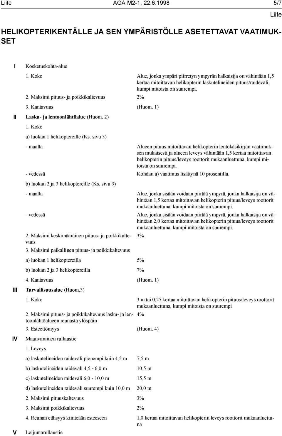 Maksimi pituus- ja poikkikaltevuus 2% 3. Kantavuus (Huom. 1) II Lasku- ja lentoonlähtöalue (Huom. 2) 1. Koko III IV V a) luokan 1 helikoptereille (Ks.