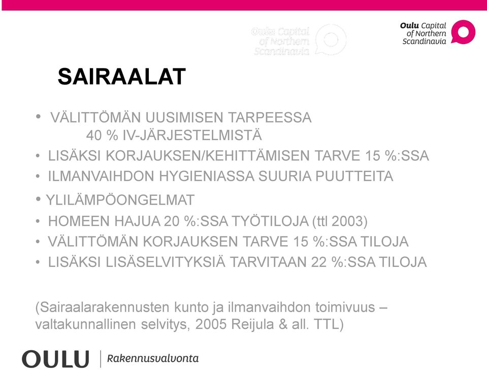 (ttl 2003) VÄLITTÖMÄN KORJAUKSEN TARVE 15 %:SSA TILOJA LISÄKSI LISÄSELVITYKSIÄ TARVITAAN 22 %:SSA