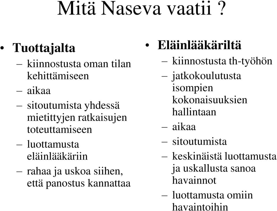 toteuttamiseen luottamusta eläinlääkäriin rahaa ja uskoa siihen, että panostus kannattaa