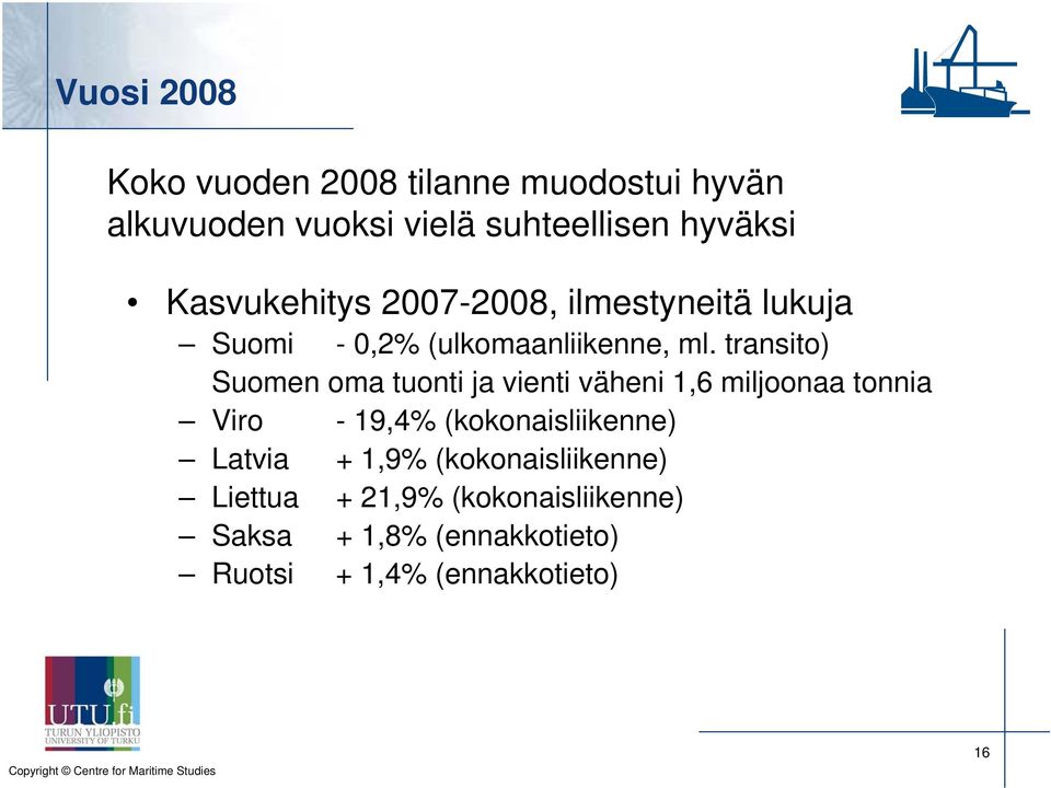 transito) Suomen oma tuonti ja vienti väheni 1,6 miljoonaa tonnia Viro - 19,4% (kokonaisliikenne)