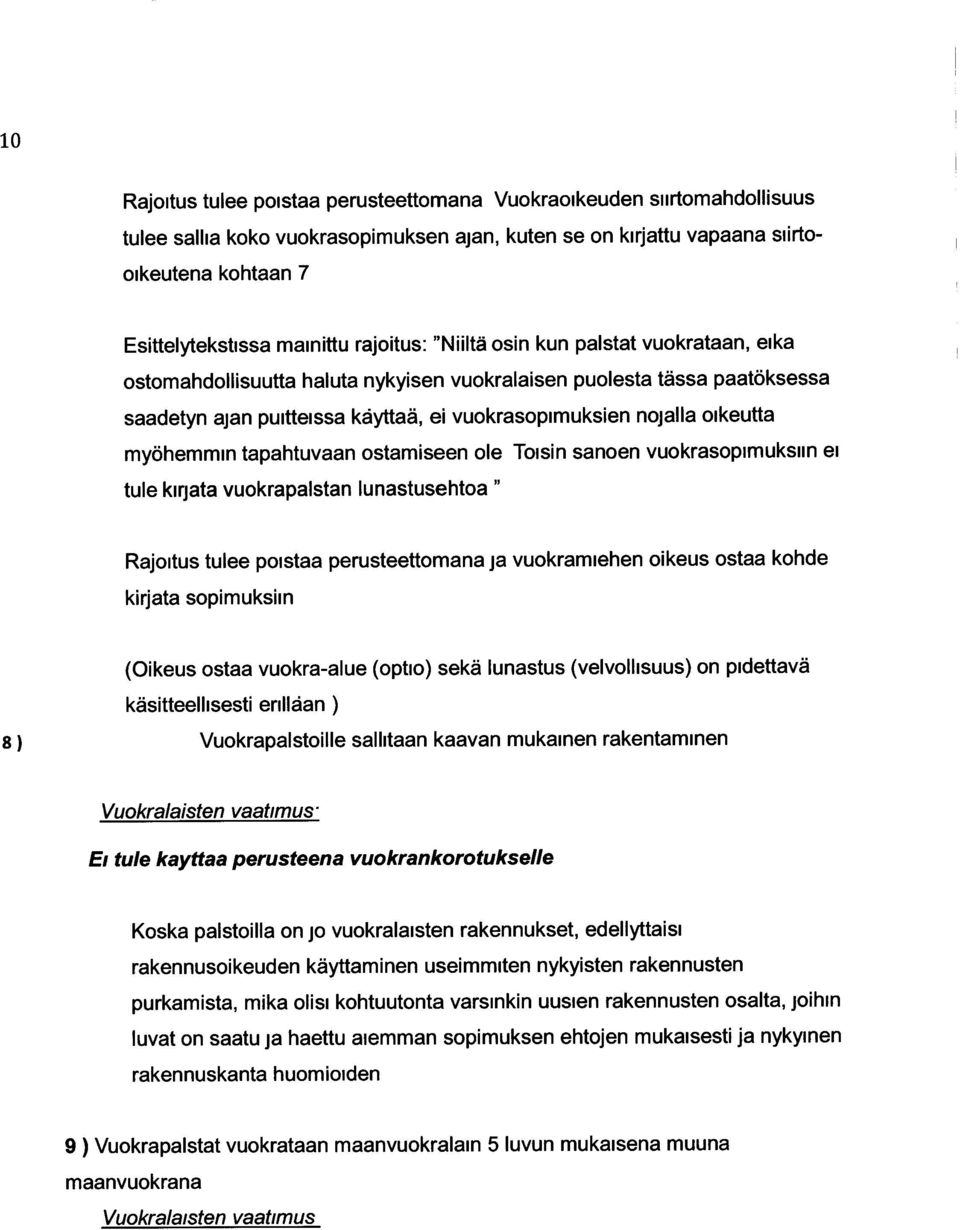 myöhemmin tapahtuvaan ostamiseen ole Toisin sanoen vuokrasopimuksen ei tule kirjata vuokrapaistan lunastusehtoa " Rajoitus tulee poistaa perusteettomana ja vuokramiehen oikeus ostaa kohde kirjata