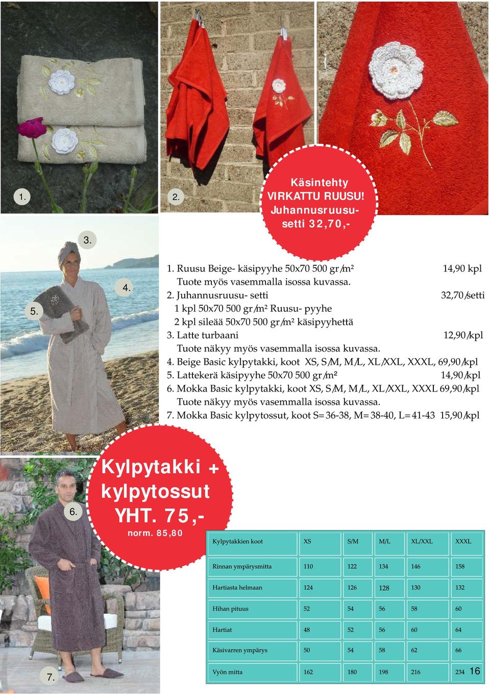 Lattekerä käsipyyhe 50x70 500 gr/m² 14,90/kpl 6. Mokka Basic kylpytakki, koot XS, S/M, M/L, XL/XXL, XXXL 69,90/kpl Tuote näkyy myös vasemmalla isossa kuvassa. 7.