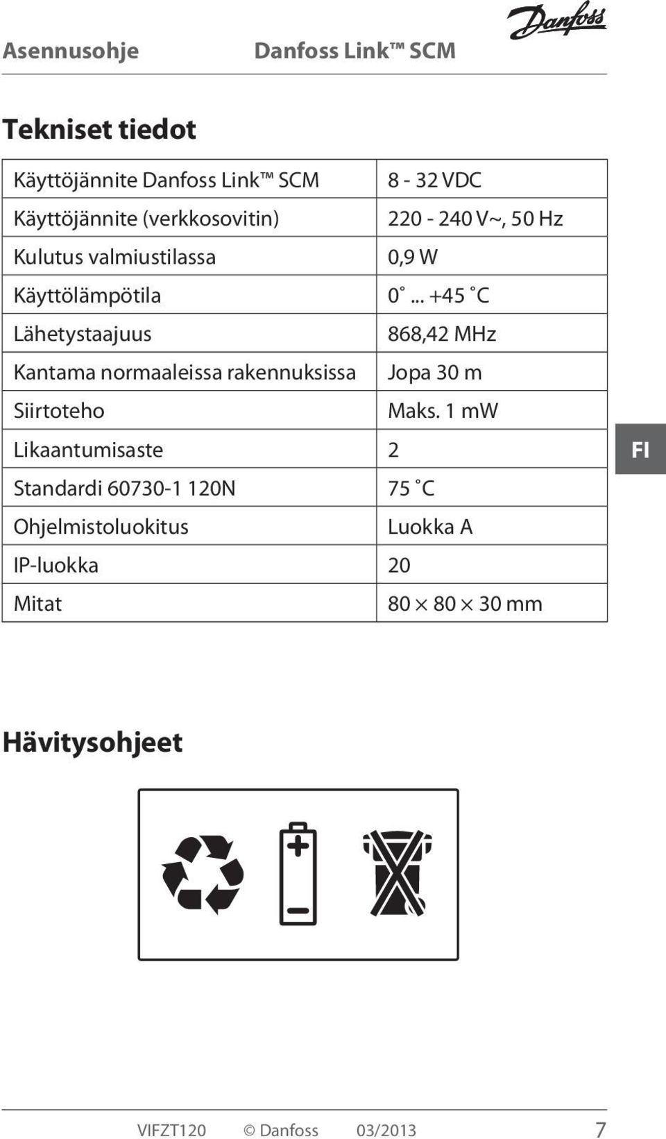 .. +45 C Lähetystaajuus 868,42 MHz Kantama normaaleissa rakennuksissa Jopa 30 m Siirtoteho Maks.