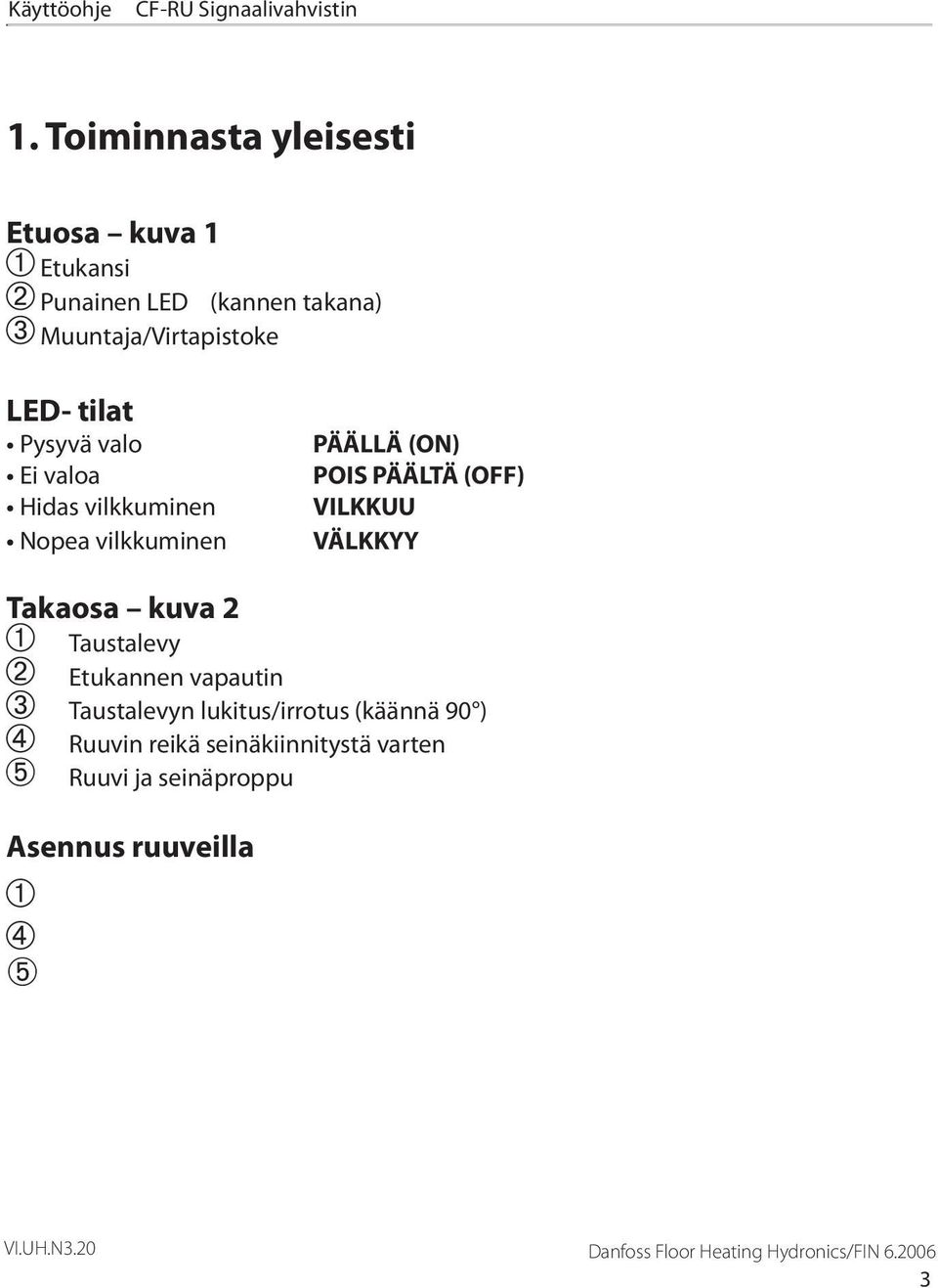 PÄÄLLÄ (ON) POIS PÄÄLTÄ (OFF) VILKKUU VÄLKKYY Takaosa kuva 2 Taustalevy Etukannen vapautin