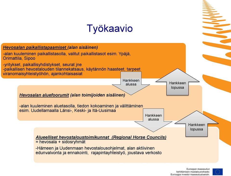 Hankkeen alussa Hankkeen lopussa Hevosalan aluefoorumit (alan toimijoiden sisäinen) -alan kuuleminen aluetasolla, tiedon kokoaminen ja välittäminen esim.