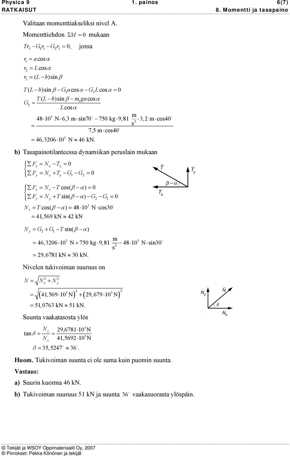46,06 0 + 750 kg 9,8 48 0 in0 9,678 k 0 k. ivelen tukivoian uuruu on + y ( 4,569 0 ) ( 9,679 0 ) + 5,076 k 5 k. Suunta vaakataota ylö y 9,678 0 tanδ 4,569 0 δ 5,547 6. Huo.