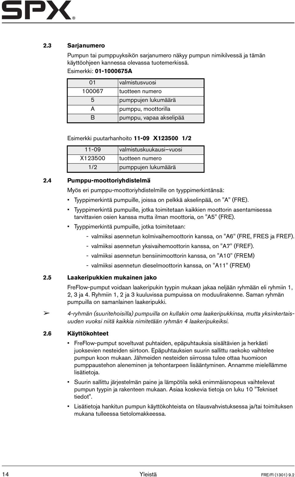 valmistuskuukausi vuosi X123500 tuotteen numero 1/2 pumppujen lukumäärä 2.