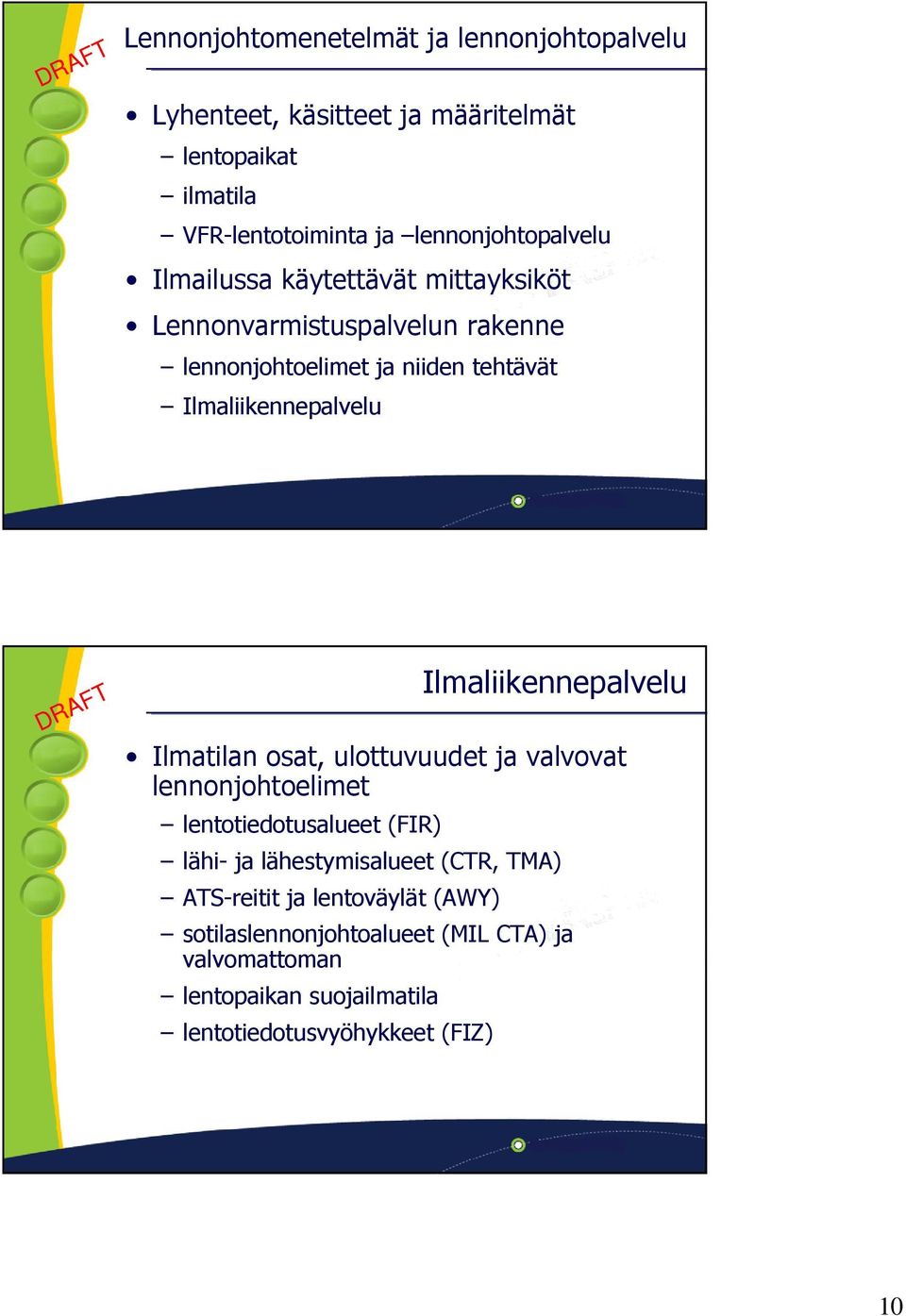 Ilmaliikennepalvelu Ilmaliikennepalvelu Ilmatilan osat, ulottuvuudet ja valvovat lennonjohtoelimet lentotiedotusalueet (FIR) lähi- ja