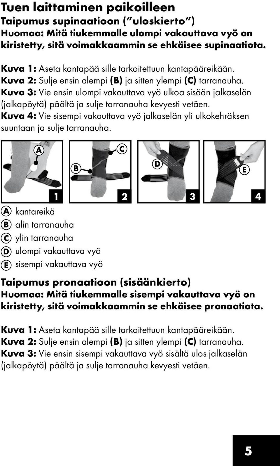 Kuva 3: Vie ensin ulompi vakauttava vyö ulkoa sisään jalkaselän (jalkapöytä) päältä ja sulje tarranauha kevyesti vetäen.