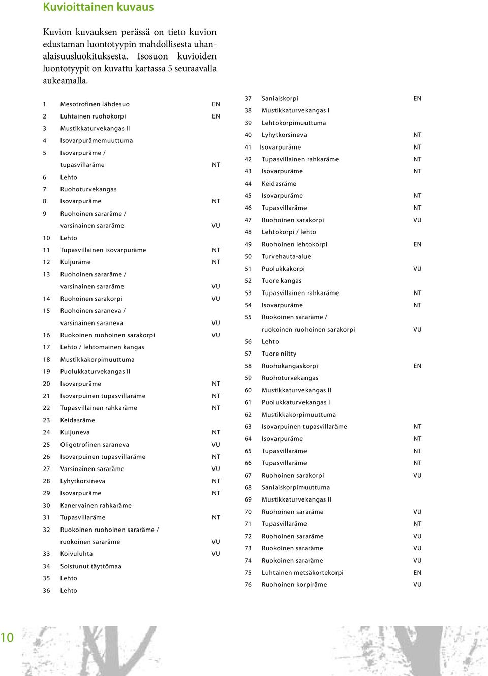 1 Mesotrofinen lähdesuo EN 2 Luhtainen ruohokorpi EN 3 Mustikkaturvekangas II 4 Isovarpurämemuuttuma 5 Isovarpuräme / tupasvillaräme NT 6 Lehto 7 Ruohoturvekangas 8 Isovarpuräme NT 9 Ruohoinen