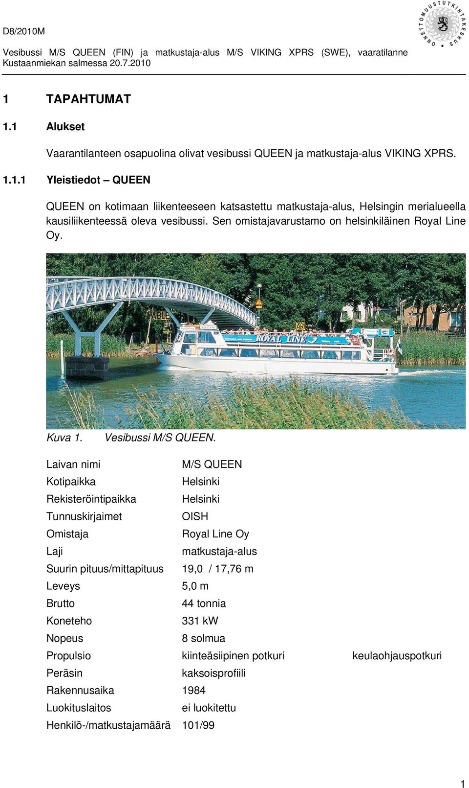 Laivan nimi M/S QUEEN Kotipaikka Helsinki Rekisteröintipaikka Helsinki Tunnuskirjaimet OISH Omistaja Royal Line Oy Laji matkustaja-alus Suurin pituus/mittapituus 19,0 / 17,76 m