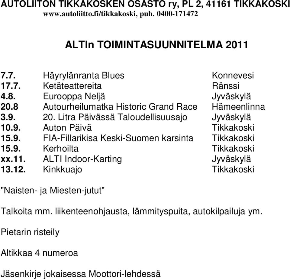 9. FIA-Fillarikisa Keski-Suomen karsinta Tikkakoski 15.9. Kerhoilta Tikkakoski xx.11. ALTI Indoor-Karting Jyväskylä 13.12.