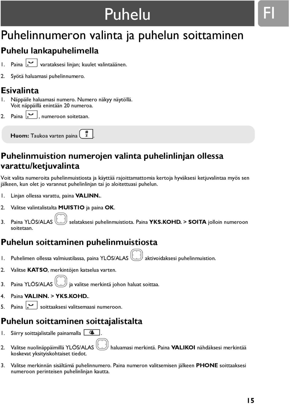 Puhelinmuistion numerojen valinta puhelinlinjan ollessa varattu/ketjuvalinta Voit valita numeroita puhelinmuistiosta ja käyttää rajoittamattomia kertoja hyväksesi ketjuvalintaa myös sen jälkeen, kun