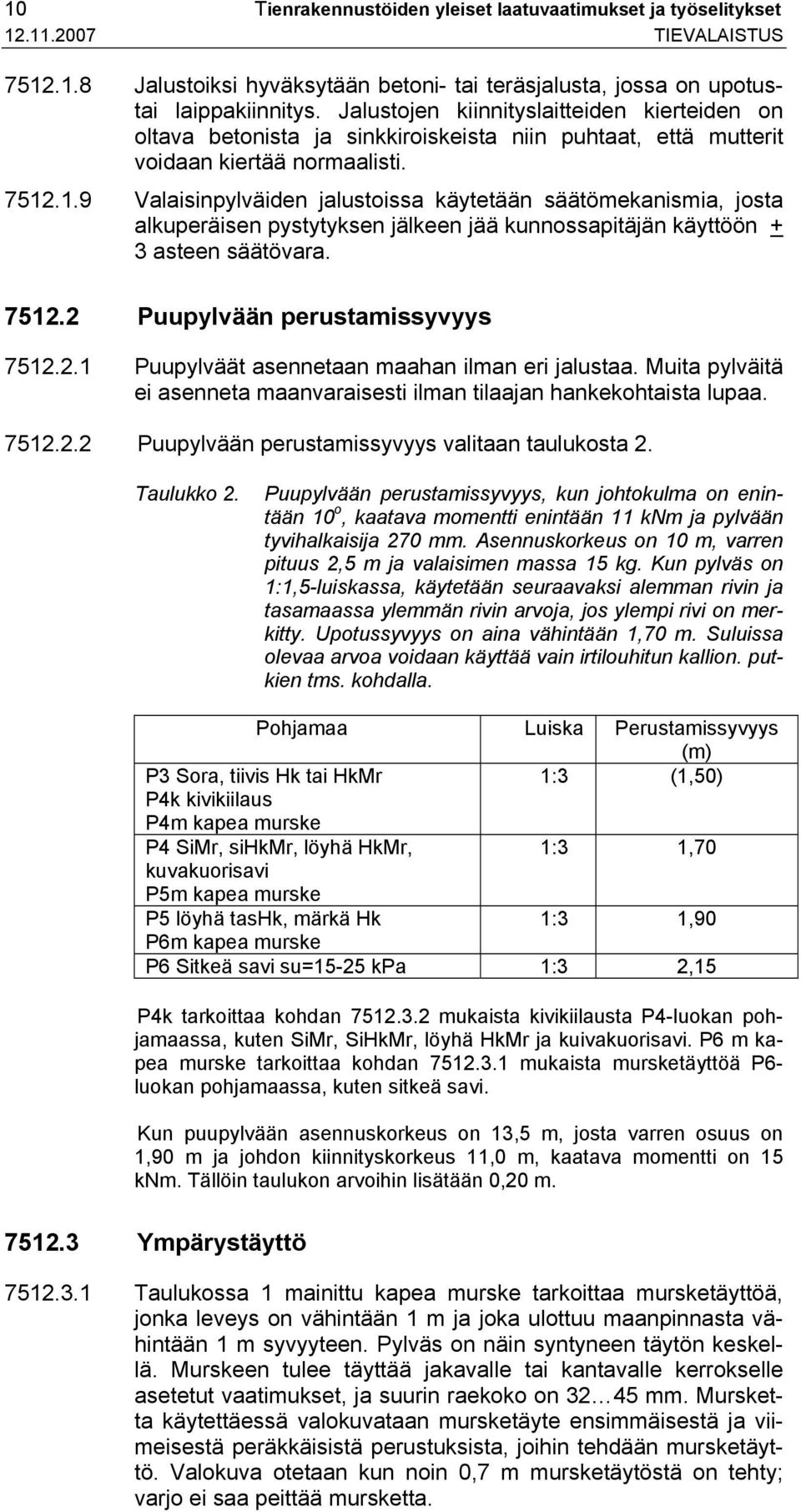 .1.9 Valaisinpylväiden jalustoissa käytetään säätömekanismia, josta alkuperäisen pystytyksen jälkeen jää kunnossapitäjän käyttöön + 3 asteen säätövara. 7512.