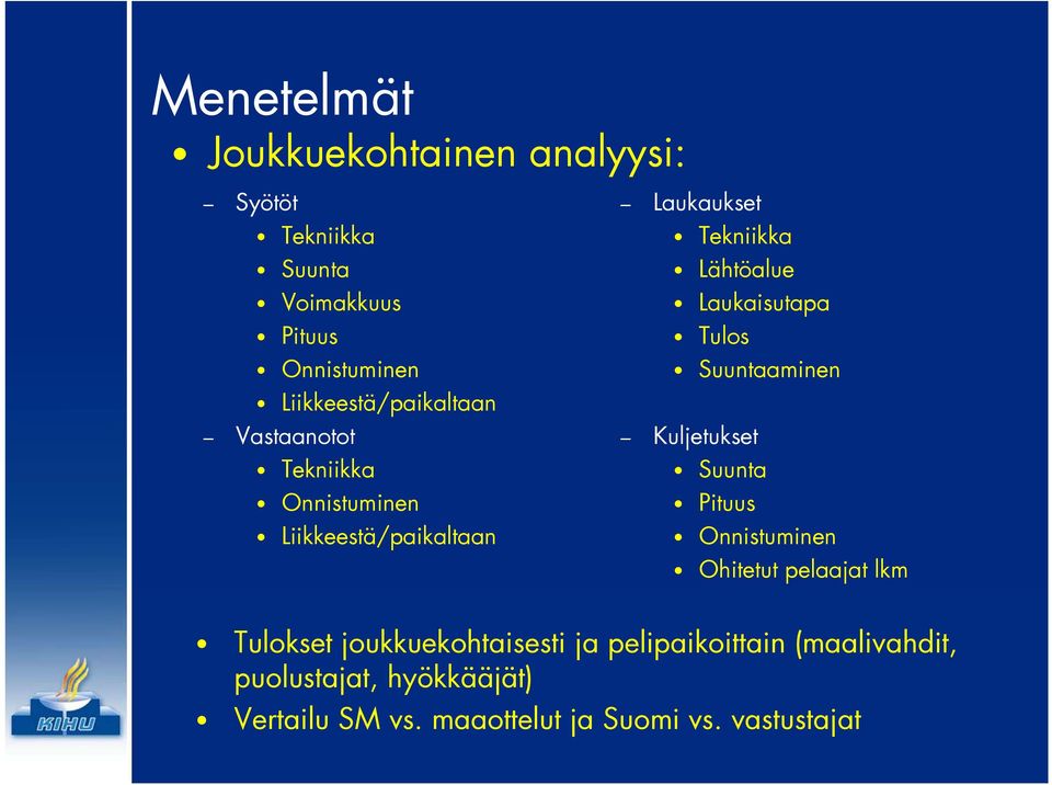 Laukaisutapa Tulos Suuntaaminen Kuljetukset Suunta Pituus Onnistuminen Ohitetut pelaajat lkm Tulokset