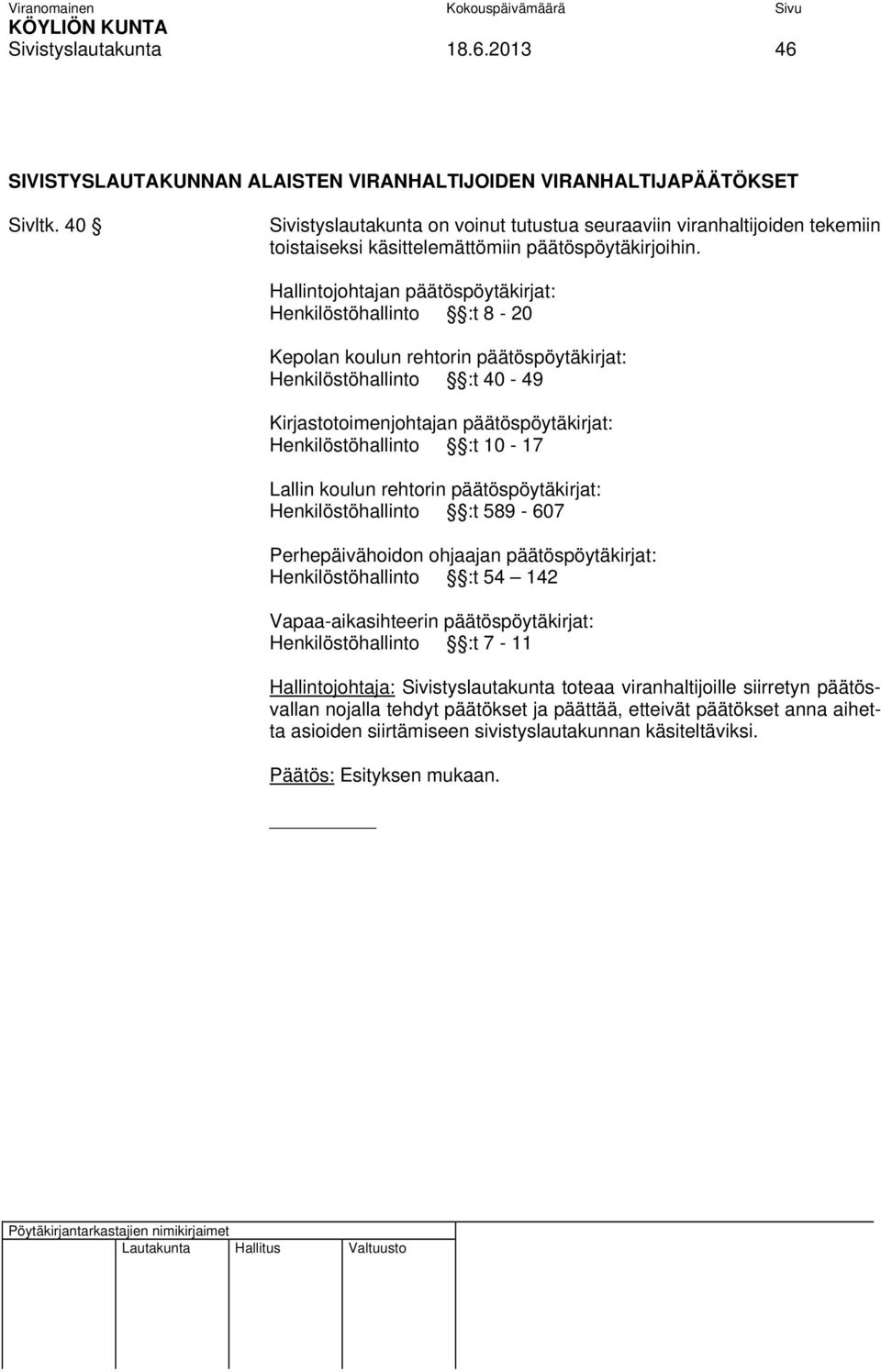 Hallintojohtajan päätöspöytäkirjat: Henkilöstöhallinto :t 8-20 Kepolan koulun rehtorin päätöspöytäkirjat: Henkilöstöhallinto :t 40-49 Kirjastotoimenjohtajan päätöspöytäkirjat: Henkilöstöhallinto :t