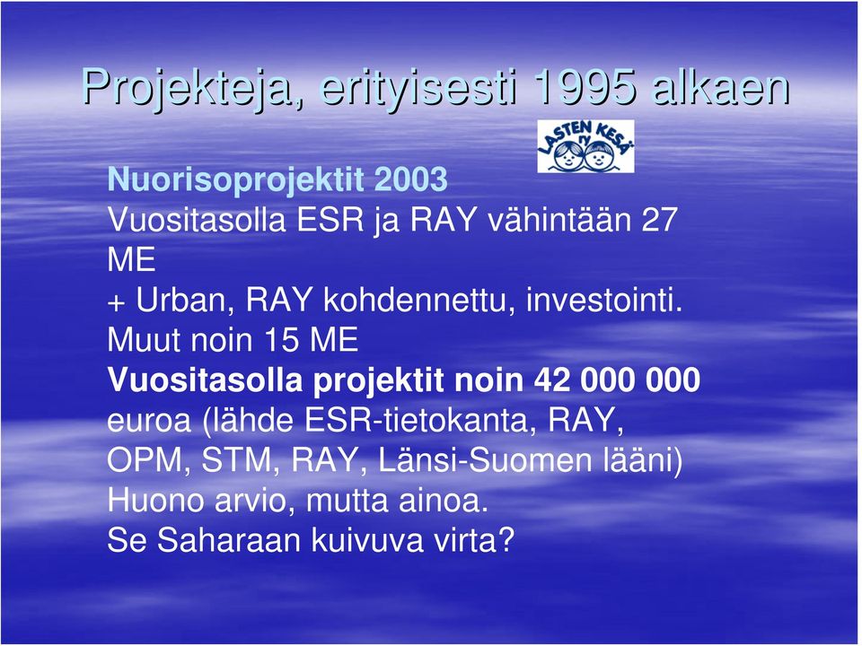 Muut noin 15 ME Vuositasolla projektit noin 42 000 000 euroa (lähde