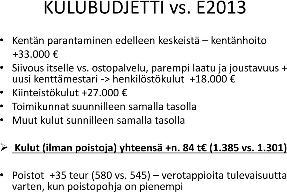 000 Toimikunnat suunnilleen samalla tasolla Muut kulut sunnilleen samalla tasolla Kulut (ilman poistoja)