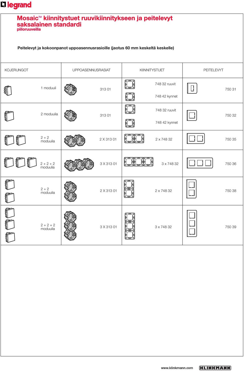 748 32 ruuvit 748 42 kynnet 750 31 2 moduulia 313 01 748 32 ruuvit 748 42 kynnet 750 32 2 + 2 moduulia 2 X 313 01 2 x 748 32