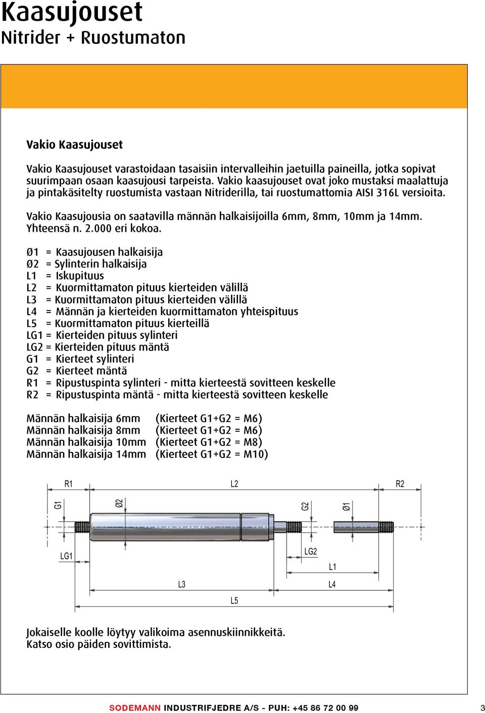 Vakio Kaasujousia on saatavilla männän halkaisijoilla 6mm, 8mm, 10mm ja 14mm. Yhteensä n. 2.000 eri kokoa.