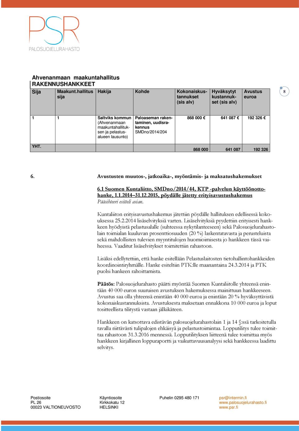 326 6. ten muutos-, jatkoaika-, myöntämis- ja maksatushakemukset 6.1 Suomen Kuntaliitto, SMDno/2014/44, KTP -palvelun käyttöönottohanke, 1.1.2014 31.12.