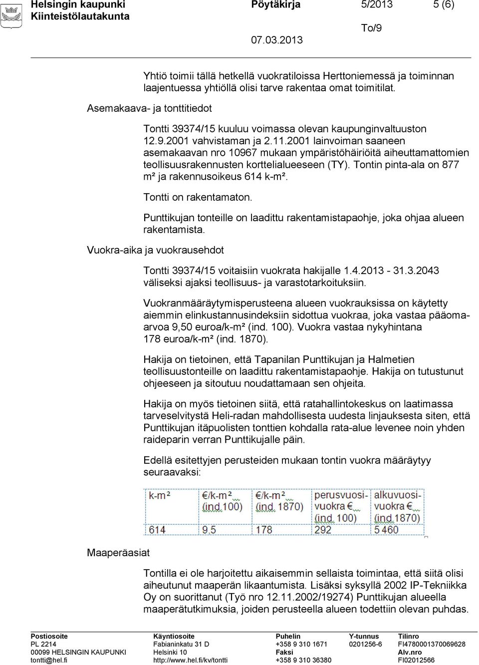 2001 lainvoiman saaneen asemakaavan nro 10967 mukaan ympäristöhäiriöitä aiheuttamattomien teollisuusrakennusten korttelialueeseen (TY). Tontin pinta-ala on 877 m² ja rakennusoikeus 614 k-m².
