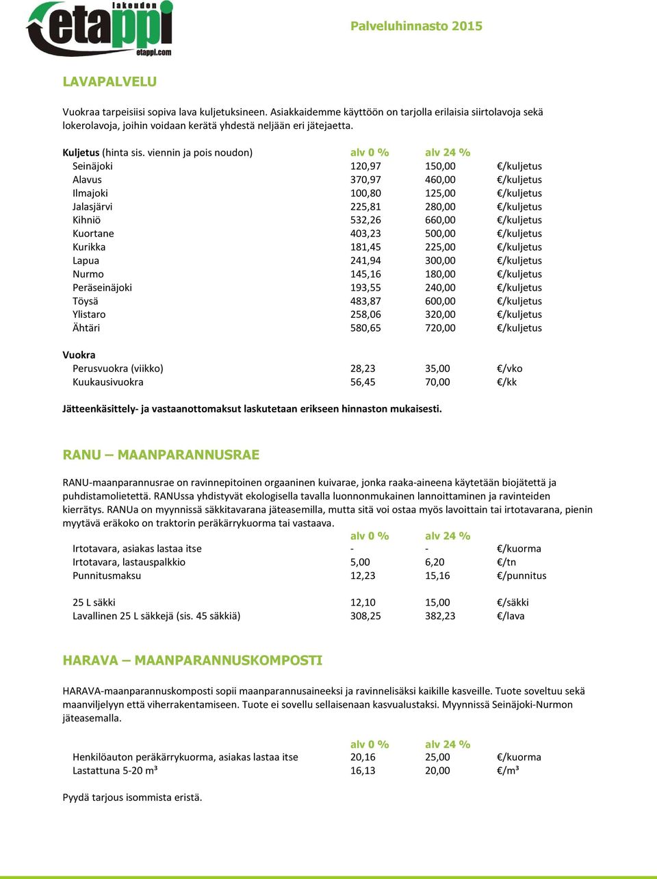 viennin ja pois noudon) alv 0 % alv 24 % Seinäjoki 120,97 150,00 /kuljetus Alavus 370,97 460,00 /kuljetus Ilmajoki 100,80 125,00 /kuljetus Jalasjärvi 225,81 280,00 /kuljetus Kihniö 532,26 660,00