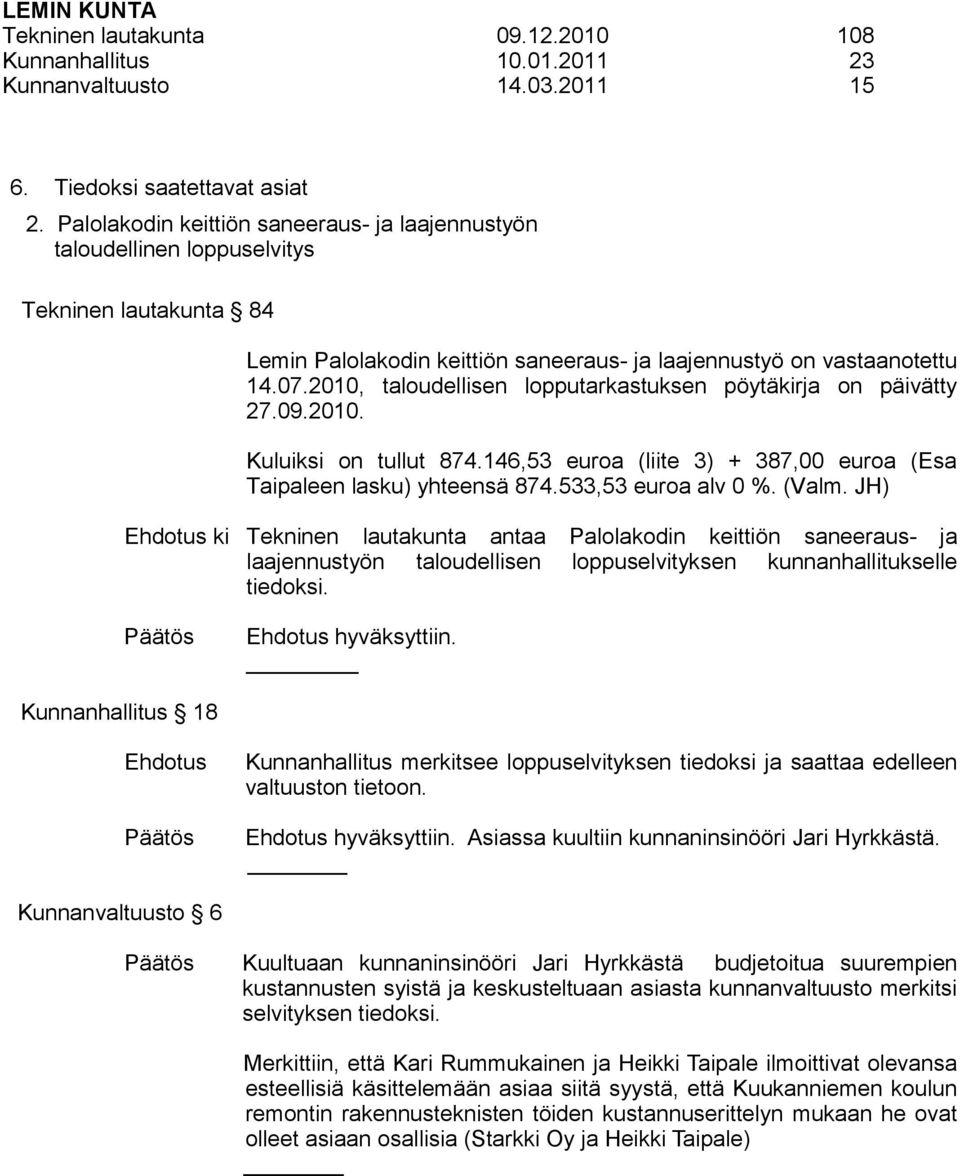 2010, taloudellisen lopputarkastuksen pöytäkirja on päivätty 27.09.2010. Kuluiksi on tullut 874.146,53 euroa (liite 3) + 387,00 euroa (Esa Taipaleen lasku) yhteensä 874.533,53 euroa alv 0 %. (Valm.