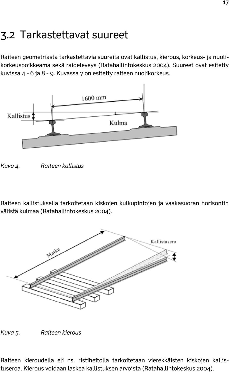 Raiteen kallistus Raiteen kallistuksella tarkoitetaan kiskojen kulkupintojen ja vaakasuoran horisontin välistä kulmaa (Ratahallintokeskus 2004). Kuva 5.