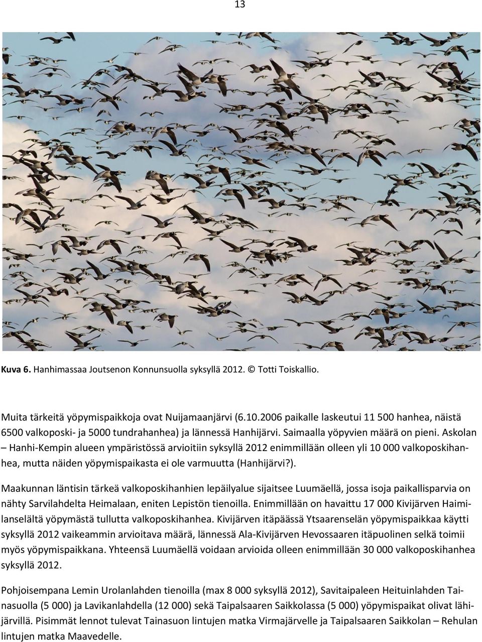 Askolan Hanhi-Kempin alueen ympäristössä arvioitiin syksyllä 2012 enimmillään olleen yli 10 000 valkoposkihanhea, mutta näiden yöpymispaikasta ei ole varmuutta (Hanhijärvi?).