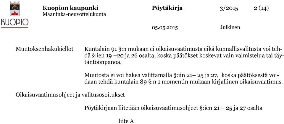 Oikaisuvaatimusohjeet ja valitusosoitukset Muutosta ei voi hakea valittamalla :iin 21 25 ja 27, koska päätöksestä voidaan