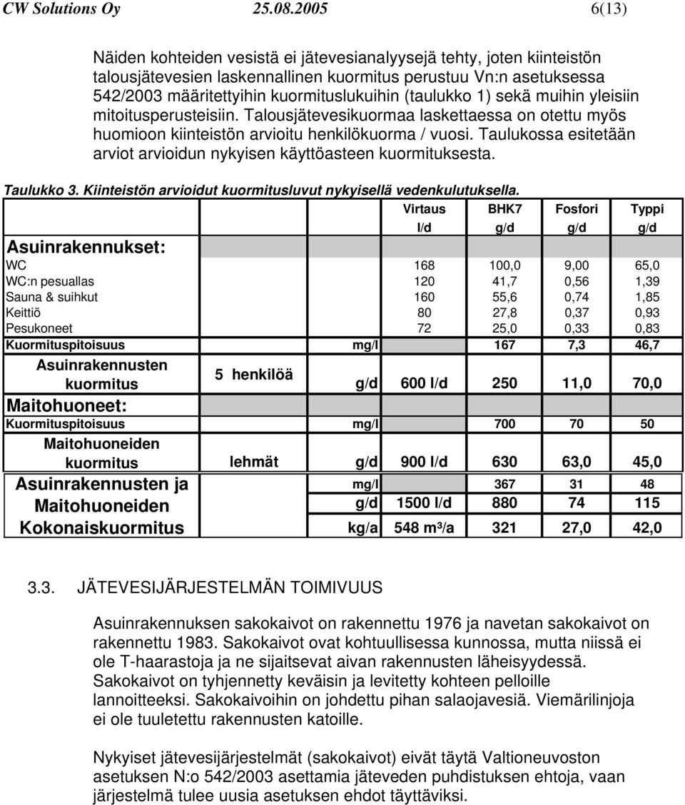 (taulukko 1) sekä muihin yleisiin mitoitusperusteisiin. Talousjätevesikuormaa laskettaessa on otettu myös huomioon kiinteistön arvioitu henkilökuorma / vuosi.