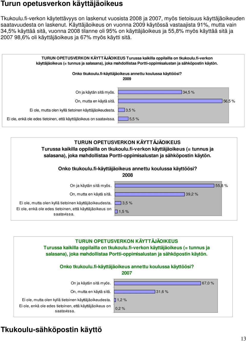 käytti sitä. TURUN OPETUSVERKON KÄYTTÄJÄOIKEUS Turussa kaikilla oppilailla on tkukoulu.fi-verkon käyttäjäoikeus (= tunnus ja salasana), joka mahdollistaa Portti-oppimisalustan ja sähköpostin käytön.