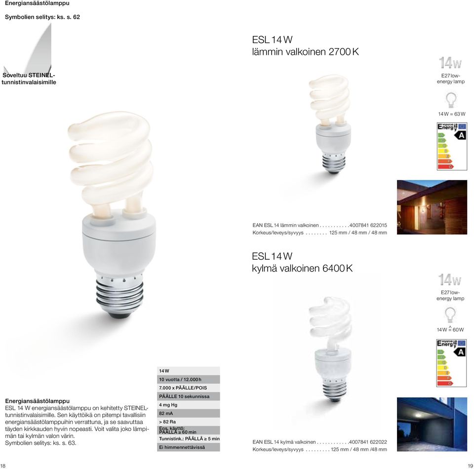 .. 125 mm / 48 mm / 48 mm ESL 14 W kylmä valkoinen 6400 K lowenergy lamp 14 W = ^ 60 W Energiansäästölamppu ESL 14 W energiansäästölamppu on kehitetty STEINELtunnistinvalaisimille.