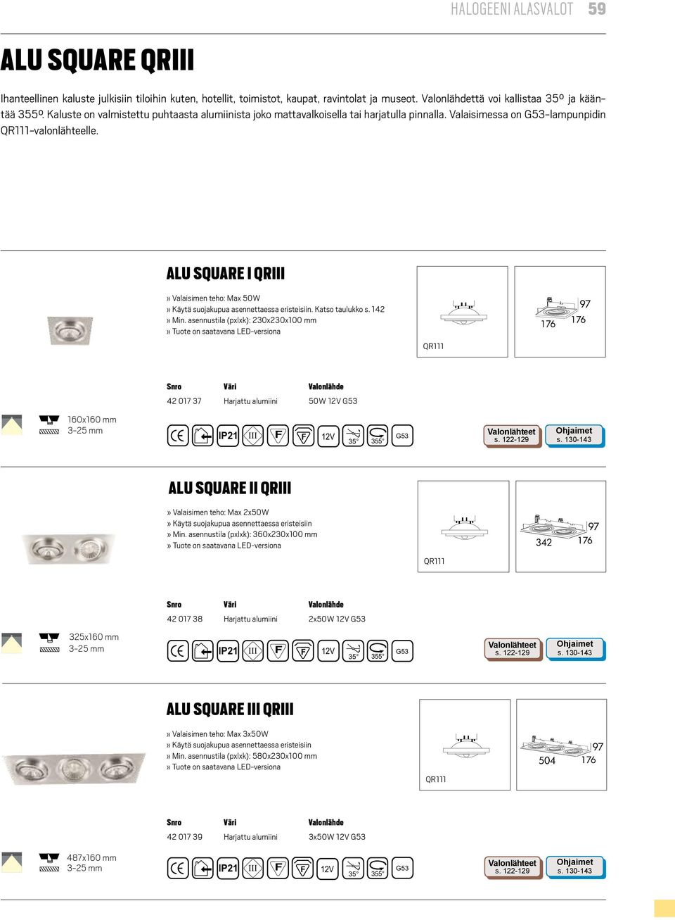 asennustila (pxlxk): 230x230x100 mm» Tuote on saatavana LED-versiona 42 017 37 50W G53 160x160 mm 3-25 mm 35 G53 alu square ii QR» Valaisimen teho: Max 2x50W» Käytä suojakupua asennettaessa