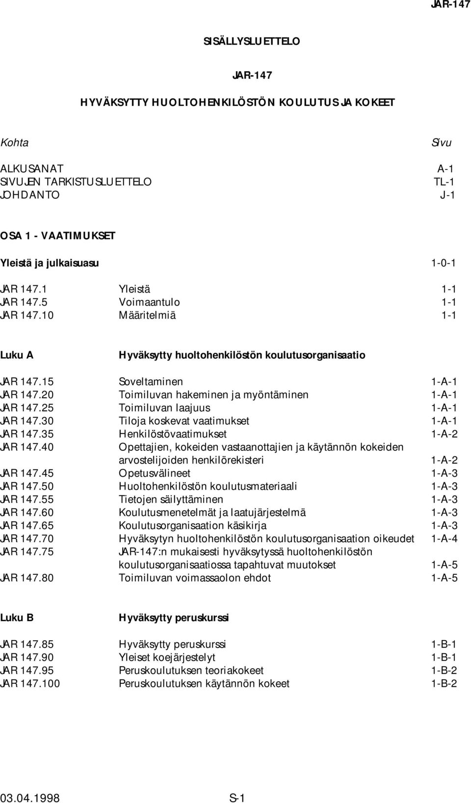 20 Toimiluvan hakeminen ja myöntäminen 1-A-1 JAR 147.25 Toimiluvan laajuus 1-A-1 JAR 147.30 Tiloja koskevat vaatimukset 1-A-1 JAR 147.35 Henkilöstövaatimukset 1-A-2 JAR 147.