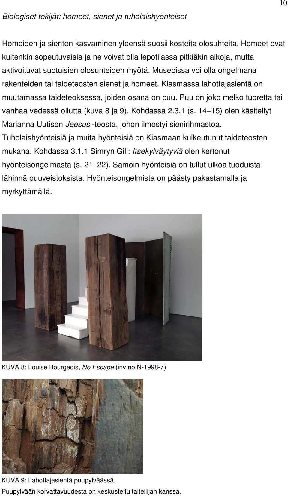 Museoissa voi olla ongelmana rakenteiden tai taideteosten sienet ja homeet. Kiasmassa lahottajasientä on muutamassa taideteoksessa, joiden osana on puu.