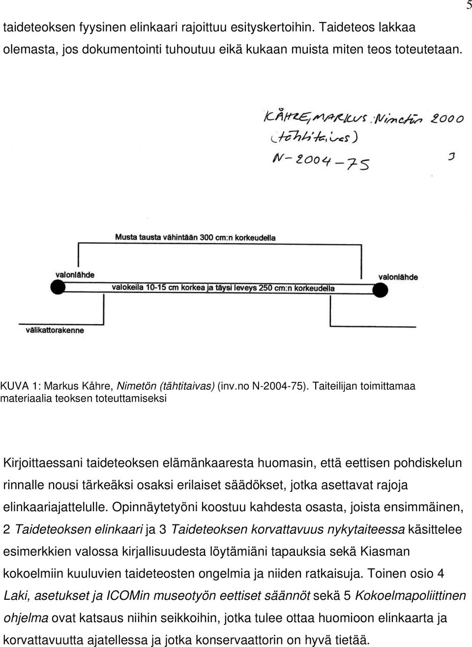 Taiteilijan toimittamaa materiaalia teoksen toteuttamiseksi Kirjoittaessani taideteoksen elämänkaaresta huomasin, että eettisen pohdiskelun rinnalle nousi tärkeäksi osaksi erilaiset säädökset, jotka